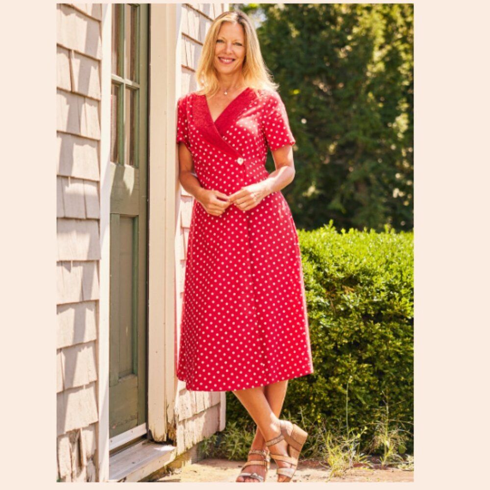 APRIL CORNELL Vintage Polka Dot Wrap Midi Dress Cotton Red White Women's Large